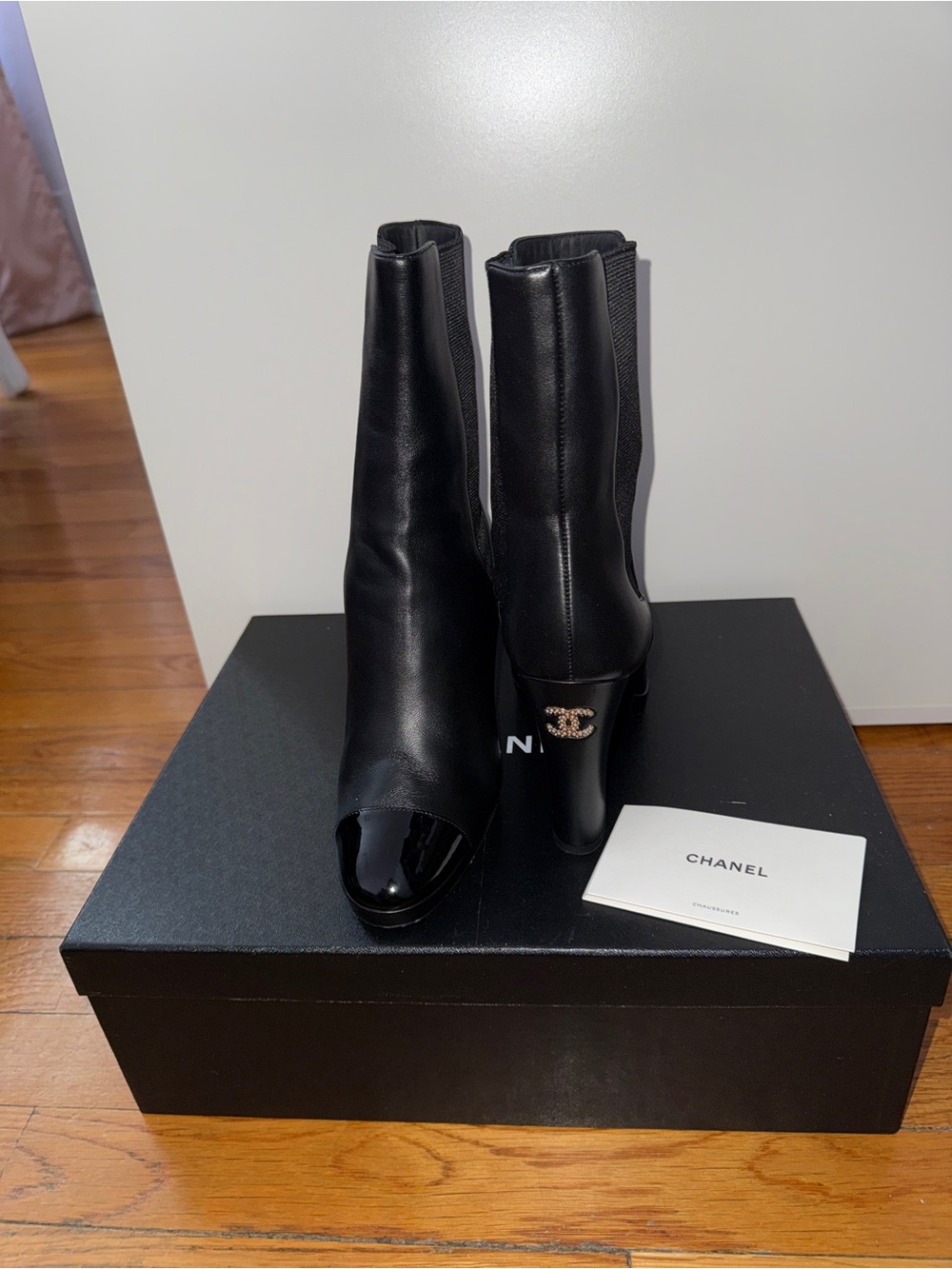CHANEL Black Leather Mid-Calf Heeled Boots with CC Heel Logo - Picture 3 of 7